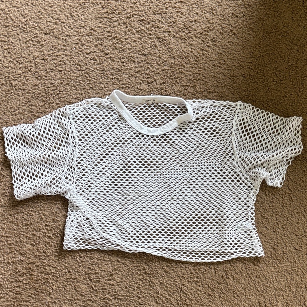 Women's White Open-Weave Cropped Mesh Tee
